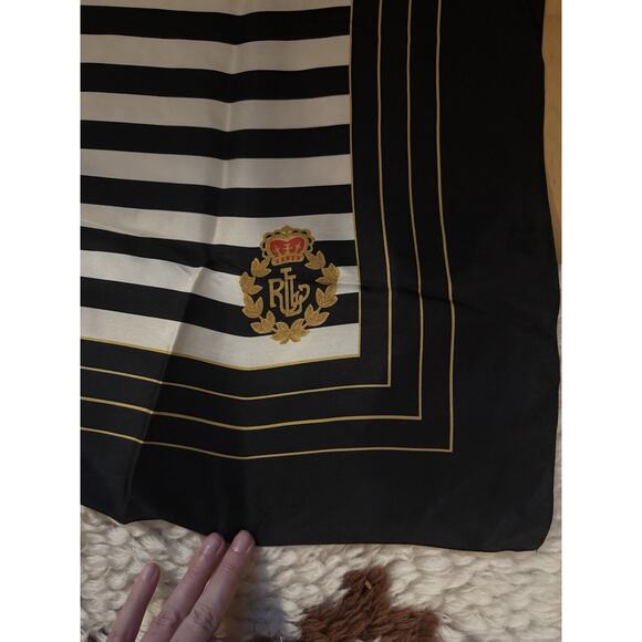 VTG Ralph Lauren Red White Black Striped Square Silk Crest Scarf 32” - Picture 2 of 3